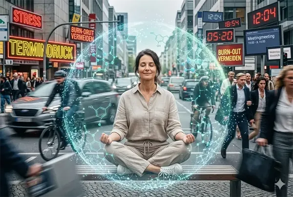 Entspannte Frau im Stadtchaos: Wie du dein Cortisol senken kannst durch Nano-Zellpflege.