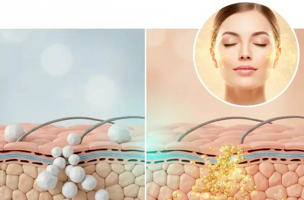 Grafischer Vergleich der Wirkstoffaufnahme von herkömmlicher Hautpflege und Nano-Kosmetik, die tief in die Haut eindringen.