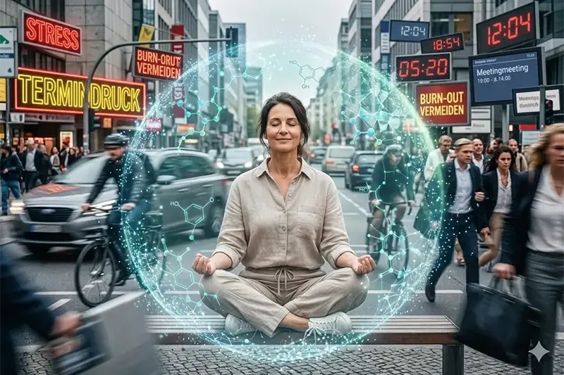 Entspannte Frau im Stadtchaos: Wie du dein Cortisol senken kannst durch Nano-Zellpflege.