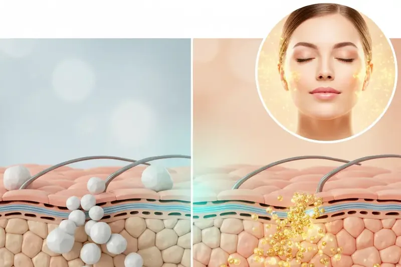 Grafischer Vergleich der Wirkstoffaufnahme von herkömmlicher Hautpflege und Nano-Kosmetik, die tief in die Haut eindringen.